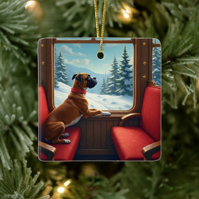 Boxer Christmas Eve Train Ride Painting Ceramic Ornament (Tree)