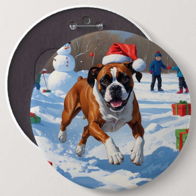 Boxer Christmas Festive Snow Scene Button (Front & Back)