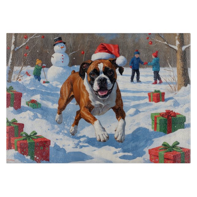 Boxer Christmas Festive Snow Scene Cutting Board (Front)