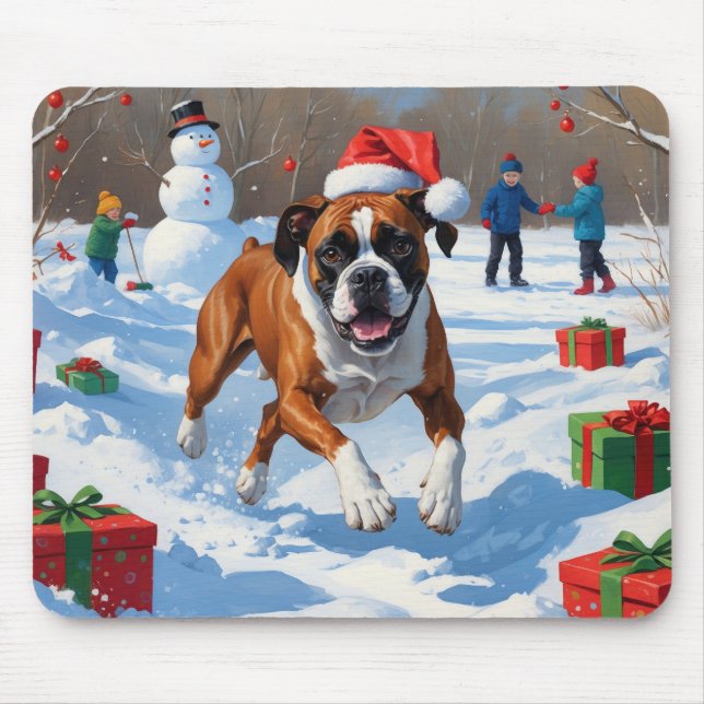 Boxer Christmas Festive Snow Scene Mouse Pad (Front)