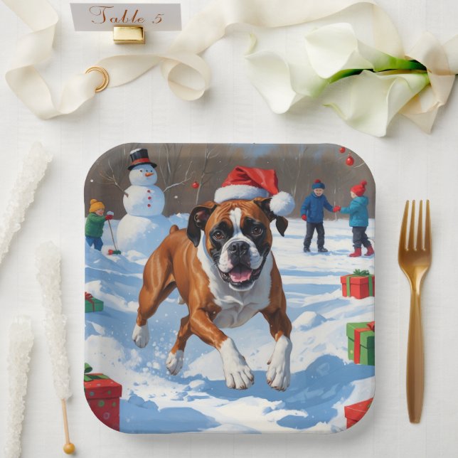 Boxer Christmas Festive Snow Scene Paper Plates (Wedding)