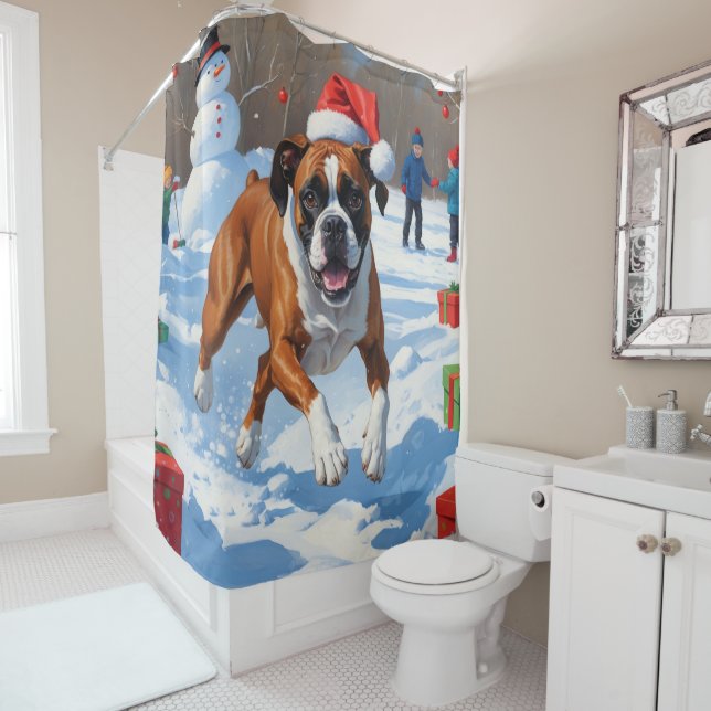Boxer Christmas Festive Snow Scene Shower Curtain (In Situ)