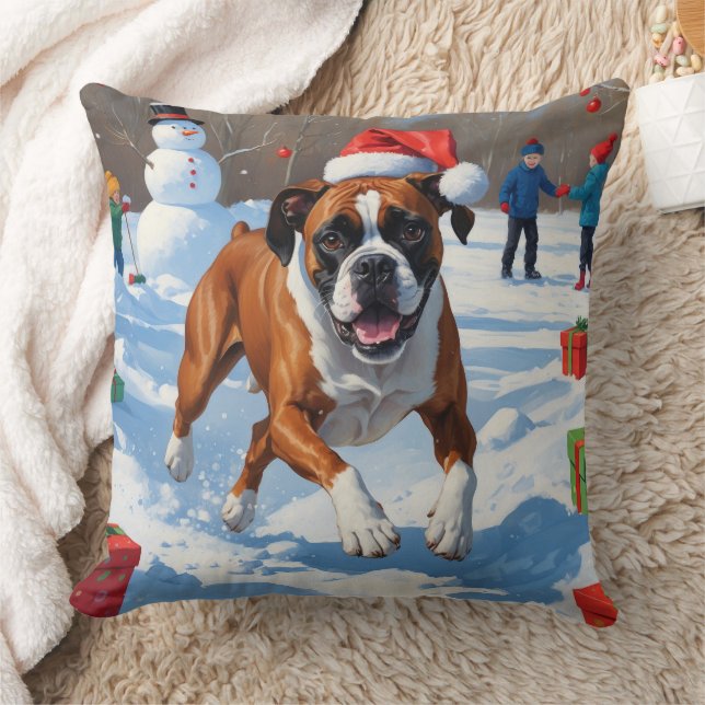 Boxer Christmas Festive Snow Scene Throw Pillow (Blanket)