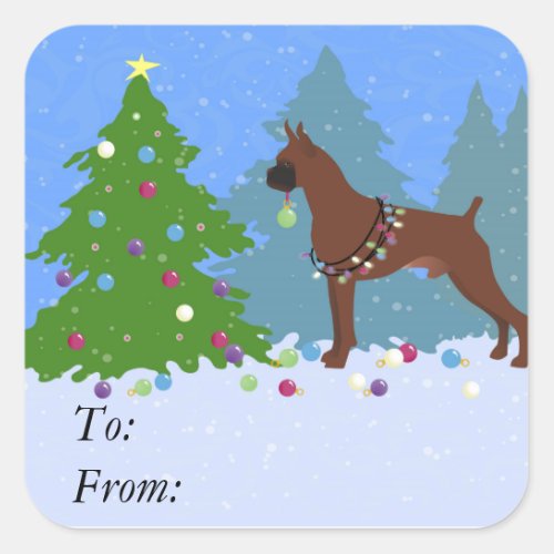 Boxer Christmas Forest Square Sticker