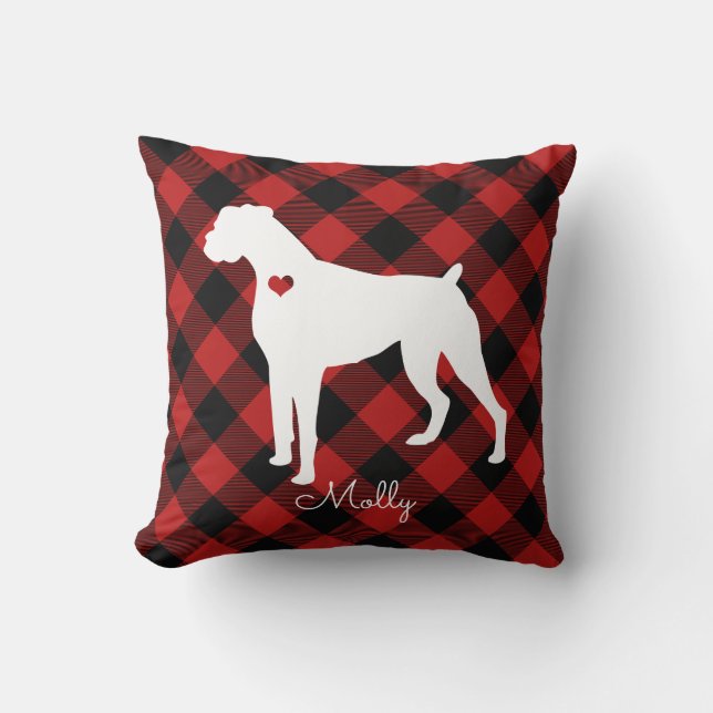 Boxer Christmas Plaid Dog Name Throw Pillow (Front)