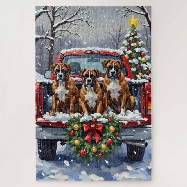 Boxer Christmas Red Truck Holiday Jigsaw Puzzle (Vertical)