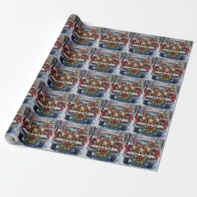 Boxer Christmas Red Truck Holiday Wrapping Paper (Unrolled)