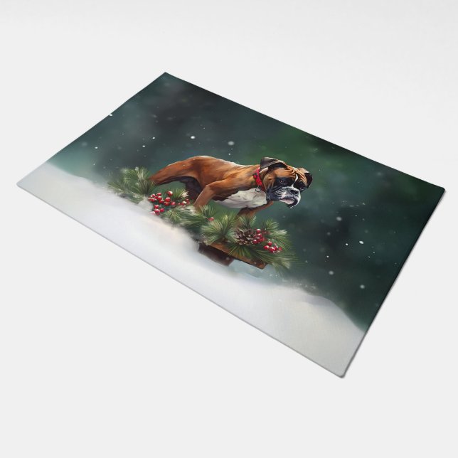 Boxer Christmas snow winter Doormat (Angled)