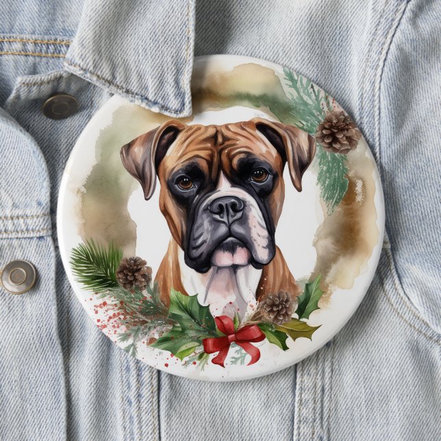 Boxer Christmas Wreath Festive Pup Button (In Situ)
