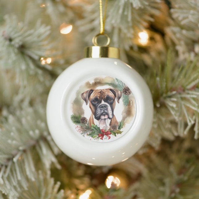 Boxer Christmas Wreath Festive Pup Ceramic Ball Christmas Ornament (Tree)