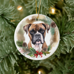 Boxer Christmas Wreath Festive Pup Ceramic Ornament