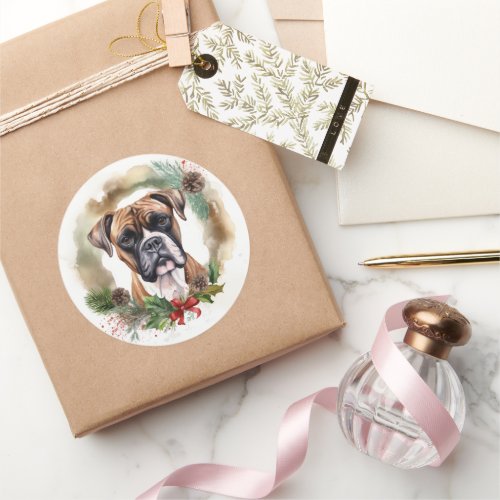 Boxer Christmas Wreath Festive Pup Classic Round Sticker