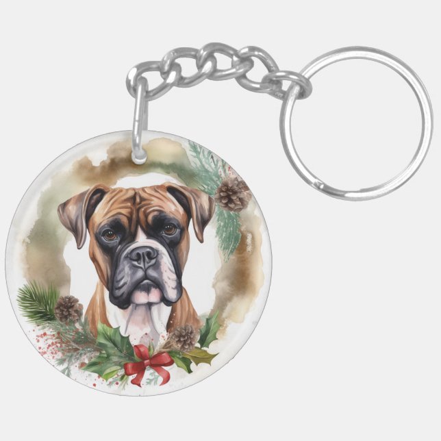 Boxer Christmas Wreath Festive Pup Keychain (Back Left)