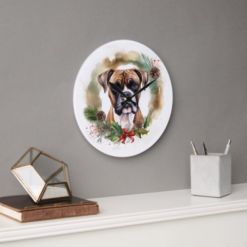 Boxer Christmas Wreath Festive Pup Large Clock