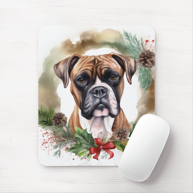Boxer Christmas Wreath Festive Pup Mouse Pad (With Mouse)