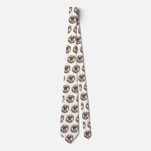 Boxer Christmas Wreath Festive Pup Neck Tie (Front)