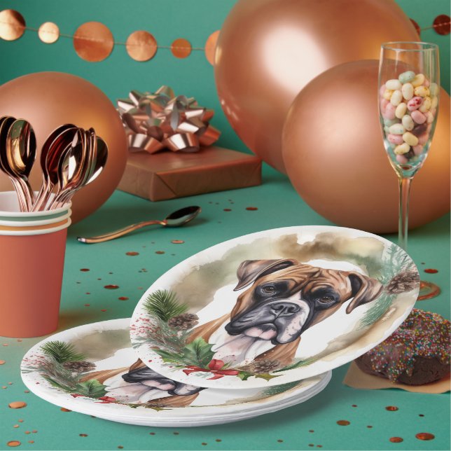 Boxer Christmas Wreath Festive Pup Paper Plates (Multi)