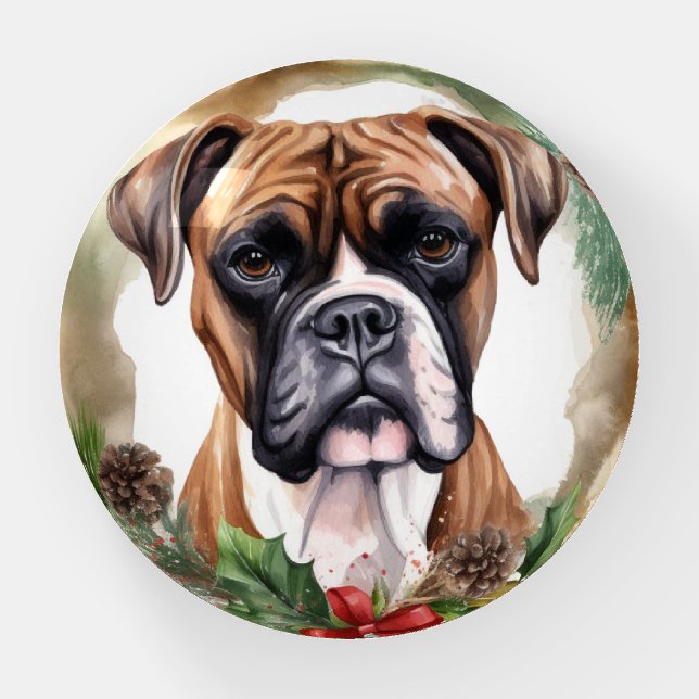 Boxer Christmas Wreath Festive Pup Paperweight (Front)
