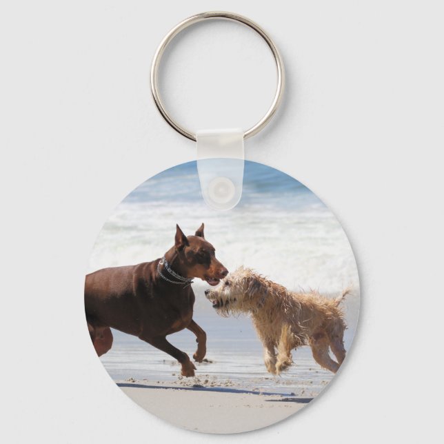 Boxer Doberman - Play Date at the Beach Keychain (Front)