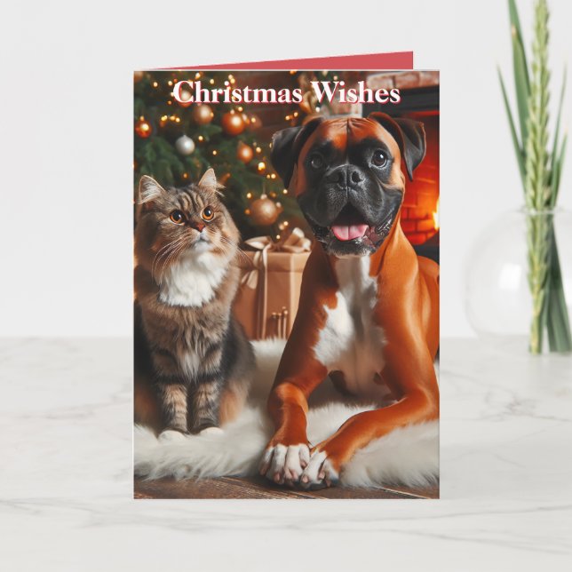 Boxer Dog and Cat Christmas Holiday Card (Front)