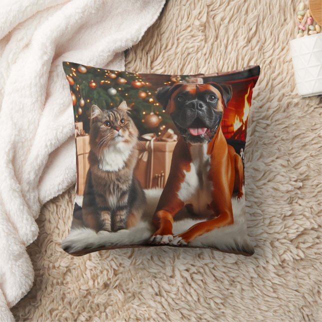 Boxer Dog and Cat Christmas Throw Pillow (Blanket)