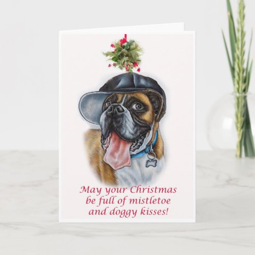 Boxer Dog and Mistletoe Christmas Art Card