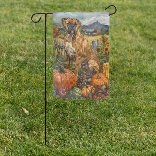 Boxer Dog Autumn Harvest Thanksgiving Garden Flag (In SItu)