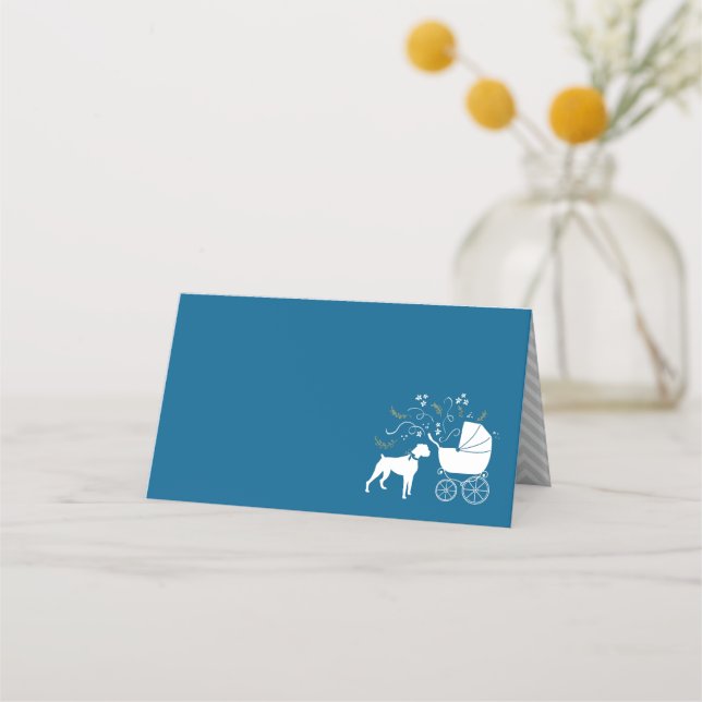 Boxer Dog Baby Shower Puppy Blue Boy Place Card (Front)