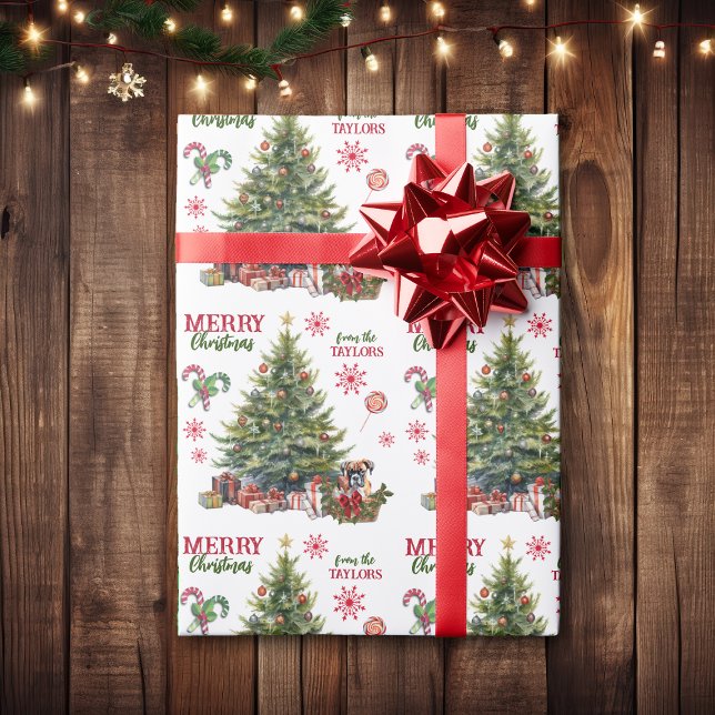 Boxer Dog Basket Under the Holiday Tree Wrapping Paper (Creator Uploaded)
