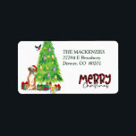 Boxer Dog, Bird and Christmas Tree Return Address Label<br><div class="desc">On these return address labels is an image of an adorable Boxer dog wearing a red and white Santa hat. The dog sits among brightly wrapped gift packages beside a decorated Christmas tree. A bullfinch bird is landing on the tree behind it. Your custom text is in green at the...</div>