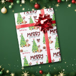 Boxer Dog, Bird and Christmas Tree Wrapping Paper<br><div class="desc">The repeated pattern on this cute Christmas wrapping paper is an image of an adorable Boxer Dog wearing a red and white Santa hat. The dog sits among brightly wrapped gift packages beside a decorated Christmas tree. A bullfinch bird is landing on the tree behind it. Stylized red and black...</div>