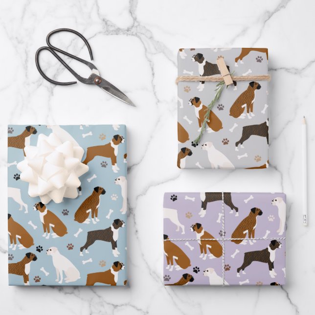 Boxer Dog Bones and Paws Wrapping Paper Sheets (Front)