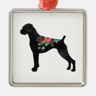 Boxer Dog Breed Natural Boho Floral Silhouette Metal Ornament