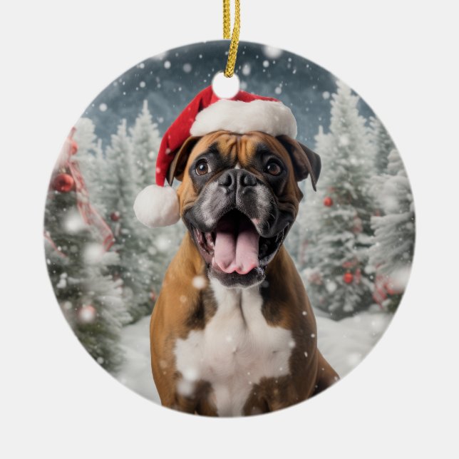 Boxer Dog Christmas Keepsake Ceramic Ornament (Front)