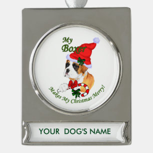 Boxer Dog Christmas Personalized Silver Plated Banner Ornament