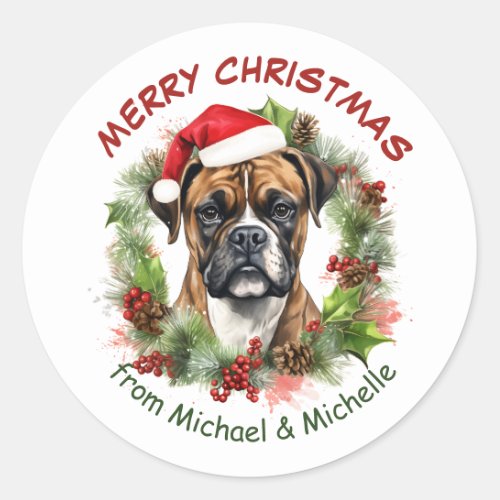 Boxer Dog Christmas Red Berry Wreath Classic Round Sticker