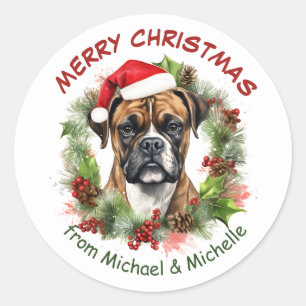 Boxer Dog Christmas Red Berry Wreath Classic Round Sticker