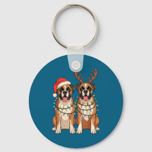 Boxer Dog Christmas Santa Hat Reindeer Lights Paja Keychain