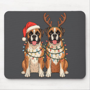 Boxer Dog Christmas Santa Hat Reindeer Lights Paja Mouse Pad