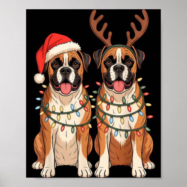 Boxer Dog Christmas Santa Hat Reindeer Lights Paja Poster (Front)
