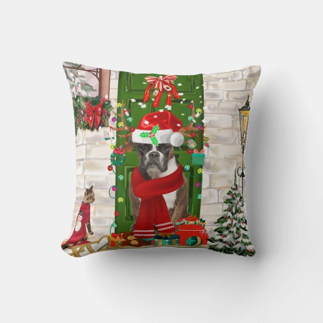 Boxer Dog Christmas Throw Pillow (Front)