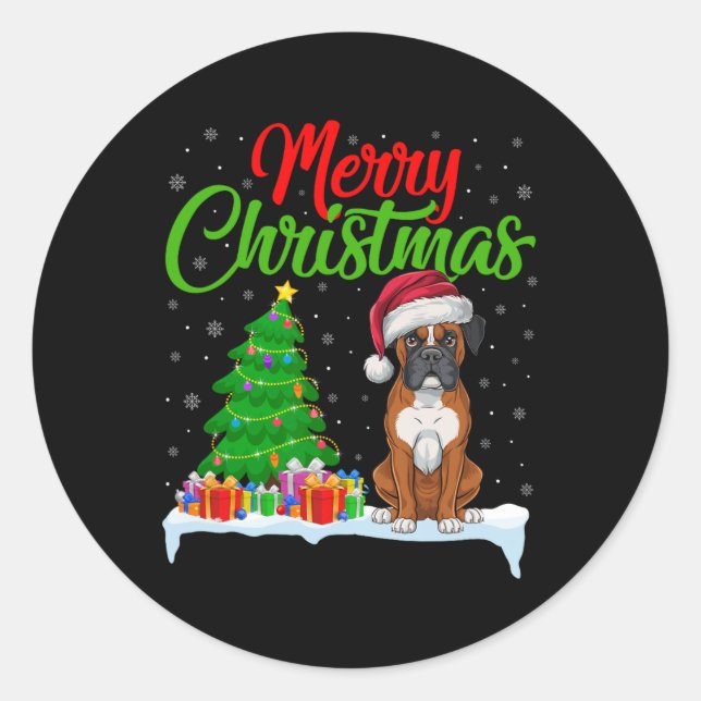 Boxer Dog Christmas Tree Lights Funny Xmas Boxer D Classic Round Sticker (Front)
