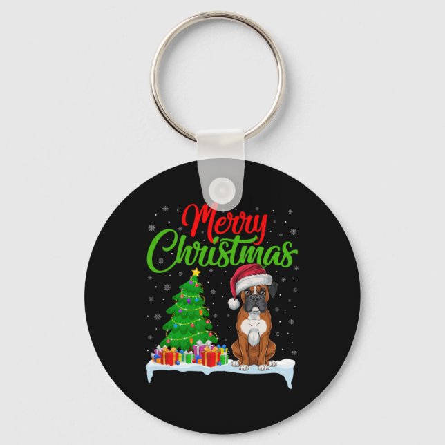 Boxer Dog Christmas Tree Lights Funny Xmas Boxer D Keychain (Front)