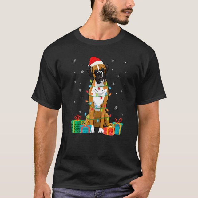 Boxer Dog Christmas Tree Lights Puppy T-Shirt (Front)