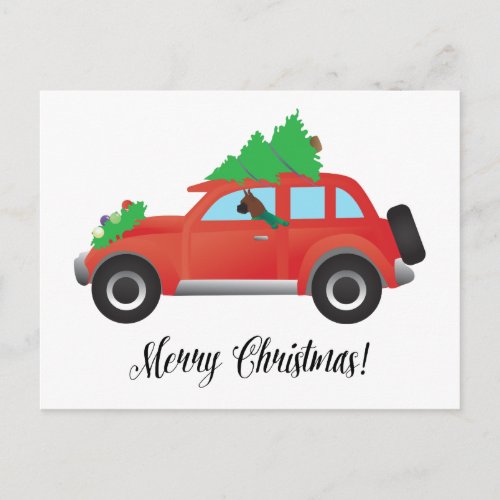 Boxer Dog Driving a car _ Christmas Tree on Top Holiday Postcard