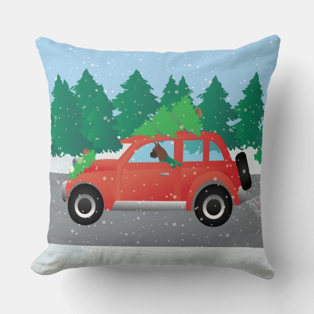 Boxer Dog Driving a car - Christmas Tree on Top Throw Pillow (Front)