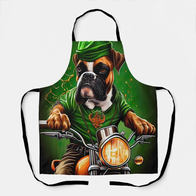 Boxer Dog Driving Bike St. Patrick's Day Apron (Front)