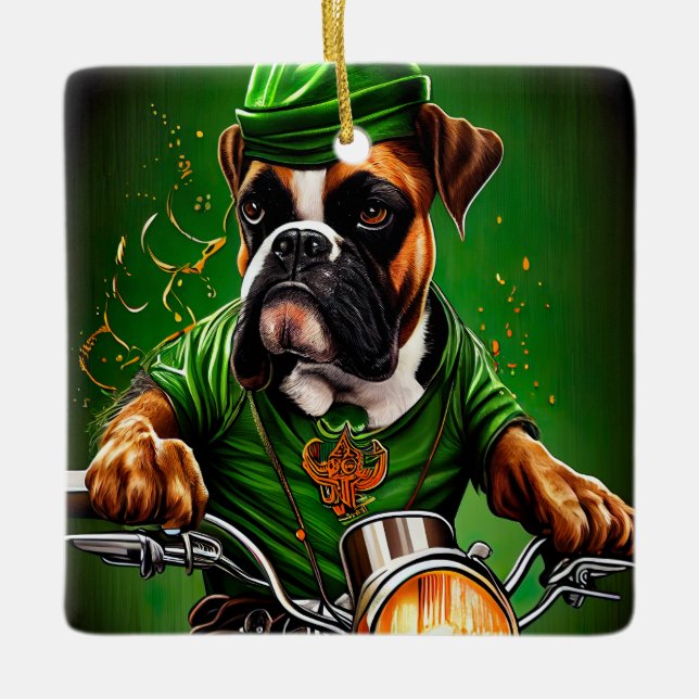 Boxer Dog Driving Bike St. Patrick's Day Ceramic Ornament (Front)