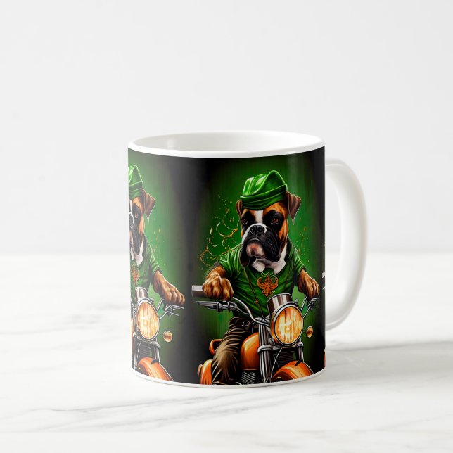 Boxer Dog Driving Bike St. Patrick's Day Coffee Mug (Front Right)