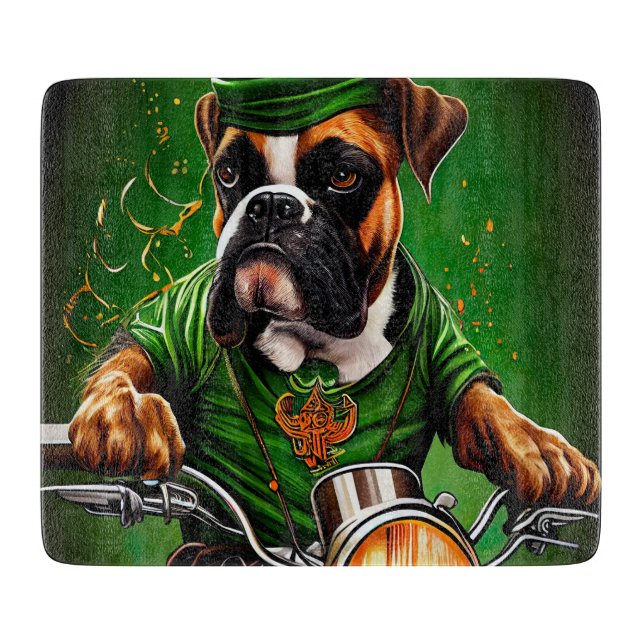 Boxer Dog Driving Bike St. Patrick's Day  Cutting Board (Front)